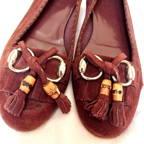 Gucci Horsebit Loafers Sz 6.5 B Suede Leather Bamboo Tassel Glam Italy has Flaw - Picture 13 of 14